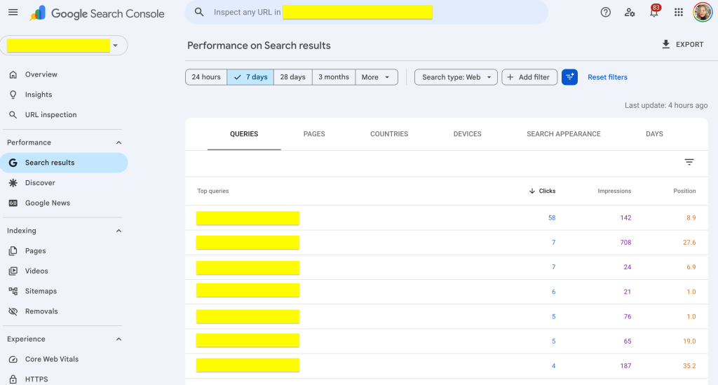 Screenshot of Google Search Console displaying search performance results for the past seven days, including top queries with metrics such as clicks, impressions, and average position.