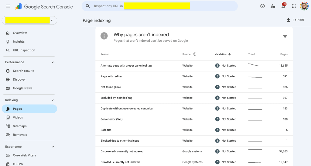 Screenshot of Google Search Console page indexing section, showing reasons why web pages aren't indexed, including various error types and their corresponding page counts.