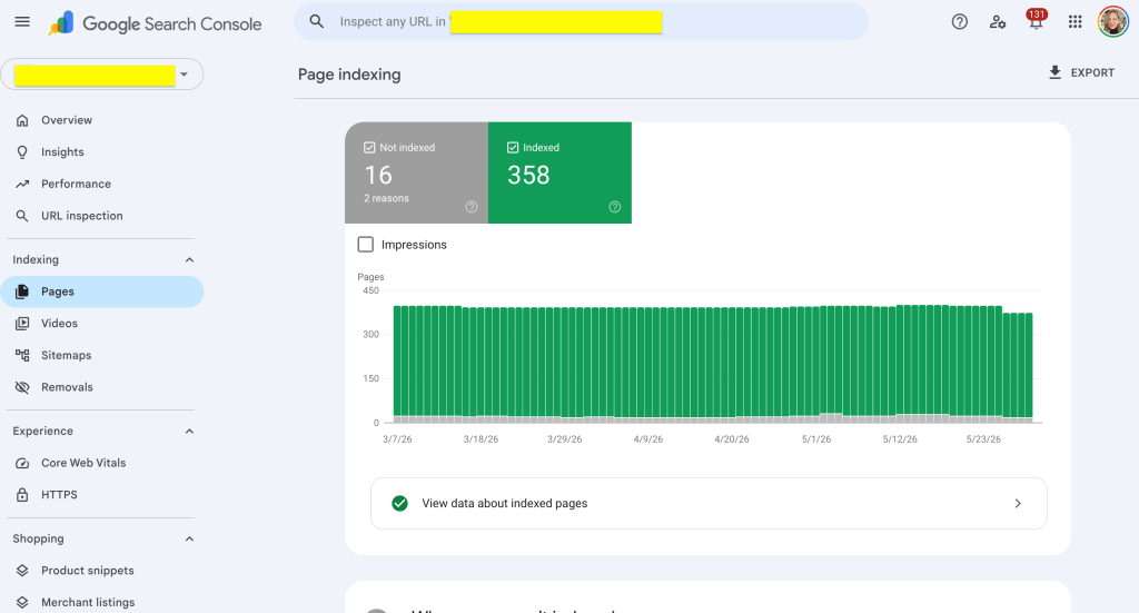 Google Search Console interface showing page indexing statistics, with 16 pages not indexed and 358 pages indexed, along with a graph displaying impressions over time.