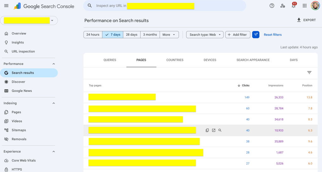 Screenshot of Google Search Console displaying the performance metrics for search results over a 7-day period, including clicks, impressions, and page positions.